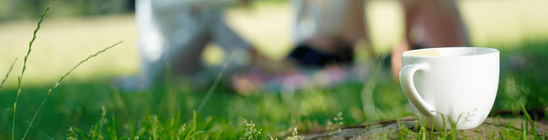 Stressmanagement, Stressmanagement Methoden, weiße Teetasse im Gras vor sitzenden Menschen